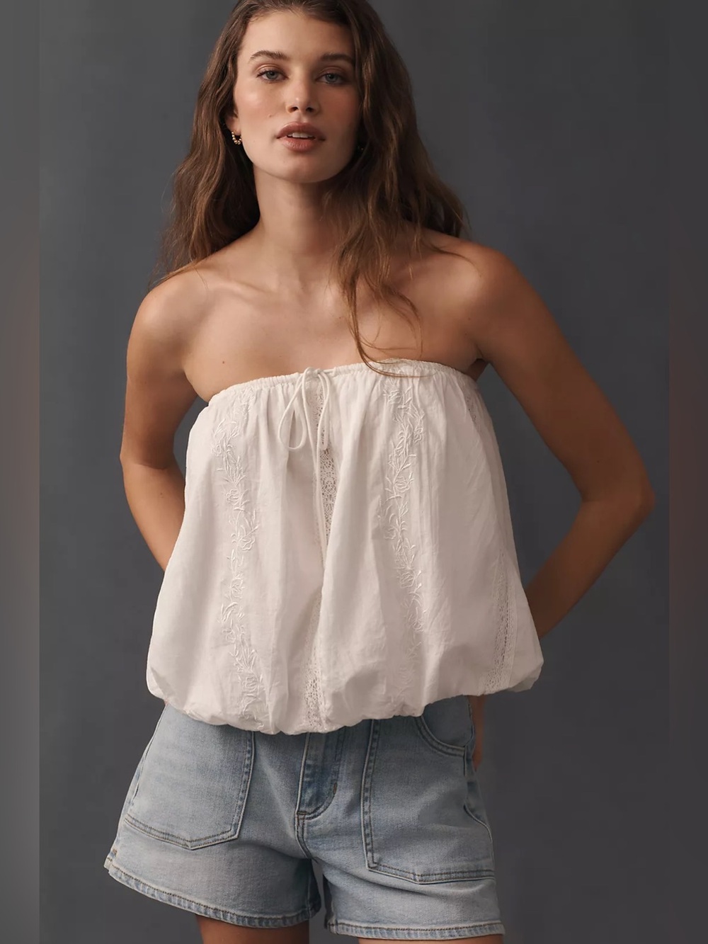 Anthropologie 100% Cotton Bubble Hem Tube Top - White- Sz Large - NWT